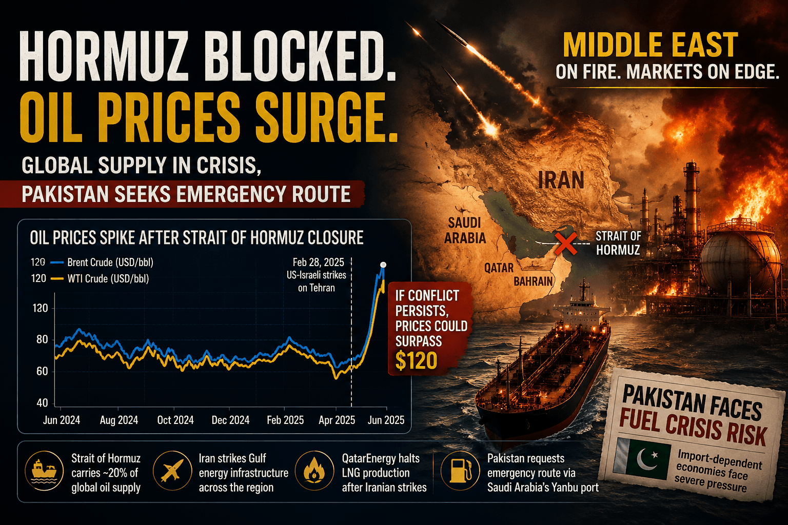 LONDON/ISLAMABAD — Global oil prices surged toward the $100-per-barrel threshold on Monday as the escalating US-Israel war on Iran
